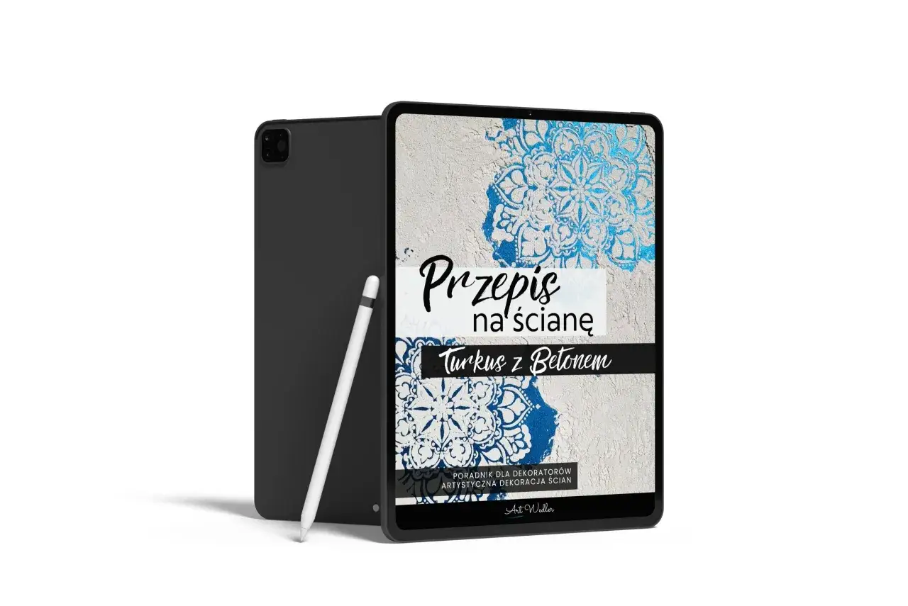 Tablet z poradnikiem "Przepis na ścianę: Turkus z Betonem". Dowiedz się, jak zrobić tynk ozdobny na ścianie z pięknymi wzorami.