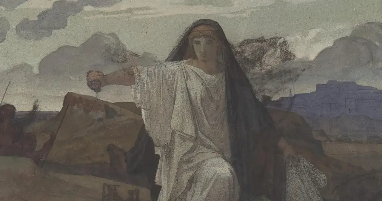 Antygona, symbol tragizmu w antyku, z mieczem w dłoni, w żałobnej szacie.