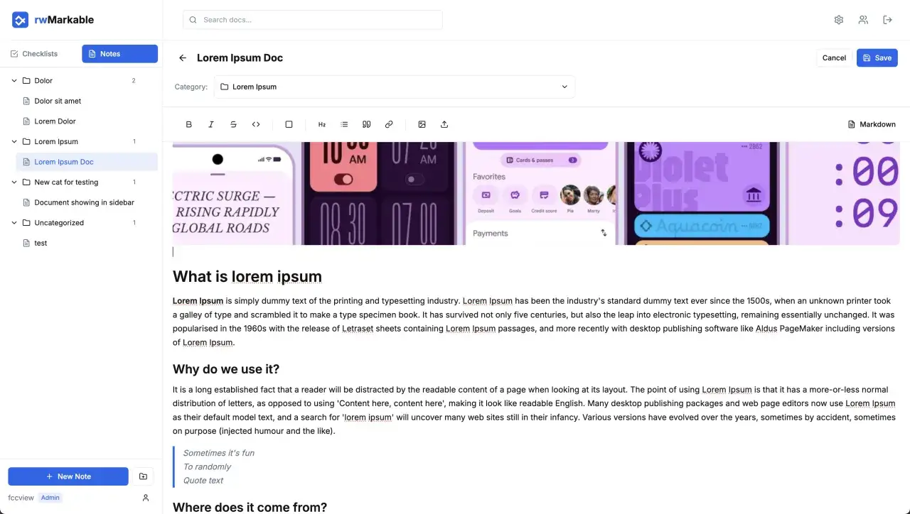 Notatka na pulpicie z tekstem "Lorem Ipsum Doc".