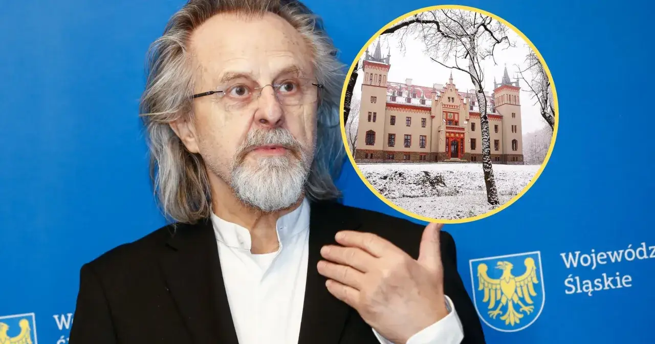 Jan A.P. Kaczmarek, kompozytor, w tle jego majątek w zimowej scenerii.