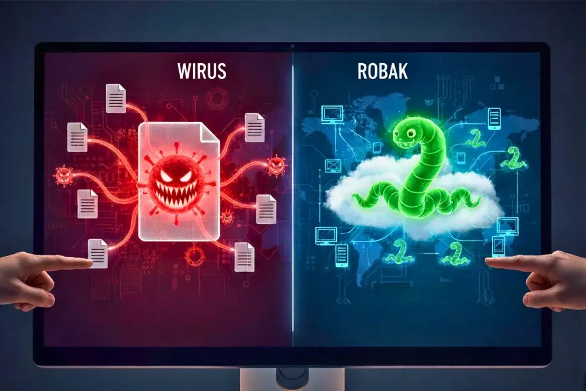 Wirus atakuje pliki, a zielony robak rozprzestrzenia się po sieci, symbolizując zagrożenia cyfrowe.