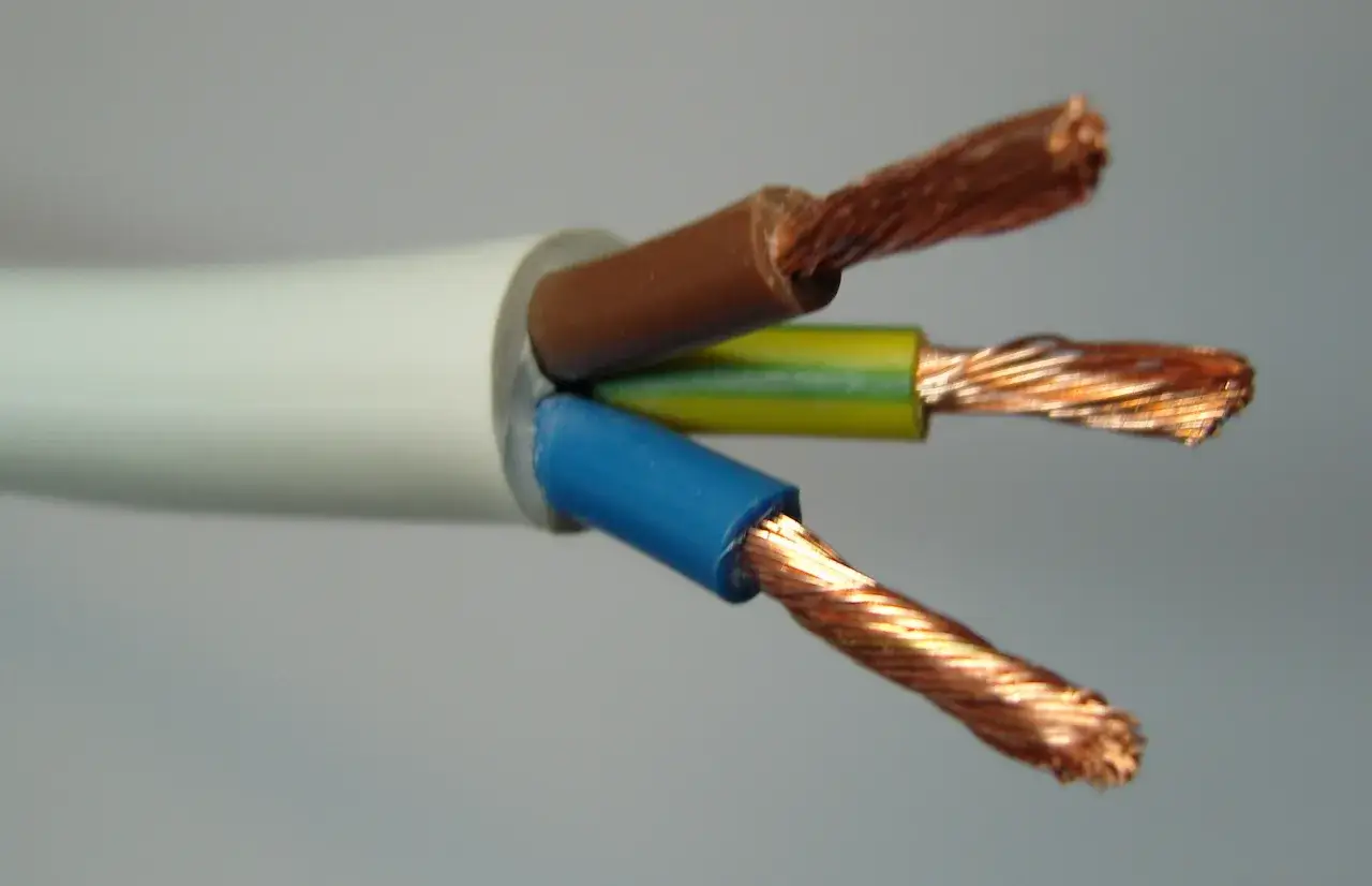 Zbliżenie na trzy żyły kabla elektrycznego: brązową, zielono-żółtą i niebieską, z odsłoniętymi miedzianymi końcówkami.