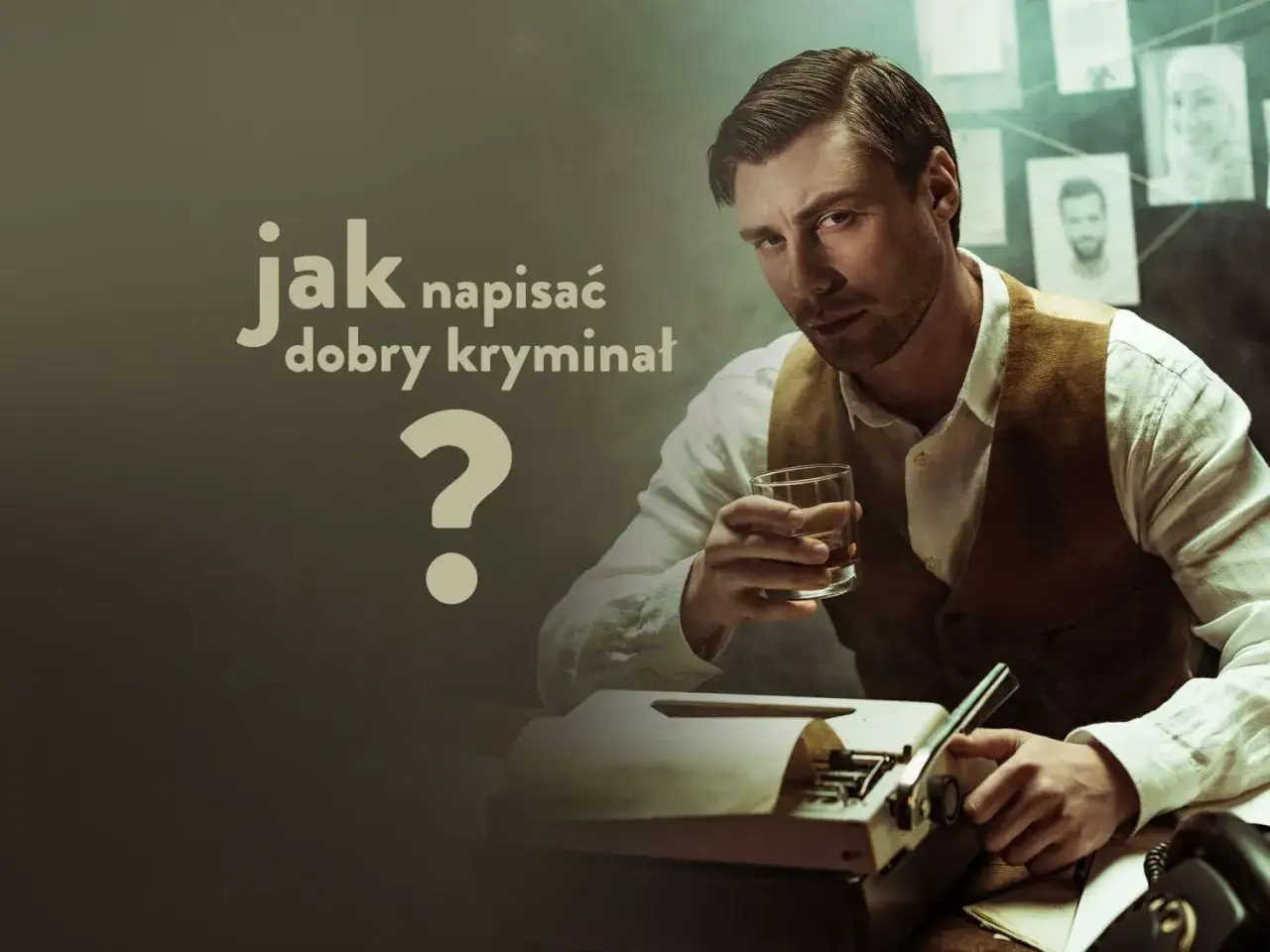 Mężczyzna z drinkiem przy maszynie do pisania, zastanawia się, jak napisać kryminał. Na ścianie wiszą zdjęcia.