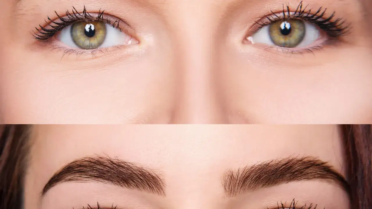 Porównanie: henna pudrowa a zwykła. Górna część ukazuje oko, dolna – piękne, podkreślone brwi po zabiegu.