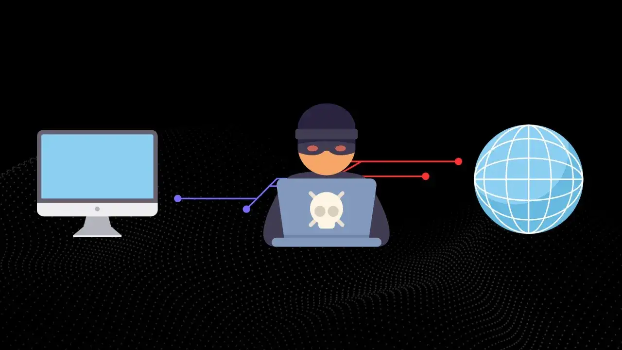 Haker z laptopem, symbolem czaszki, przechwytuje dane między komputerem a globem. To ilustracja ataku man in the middle.