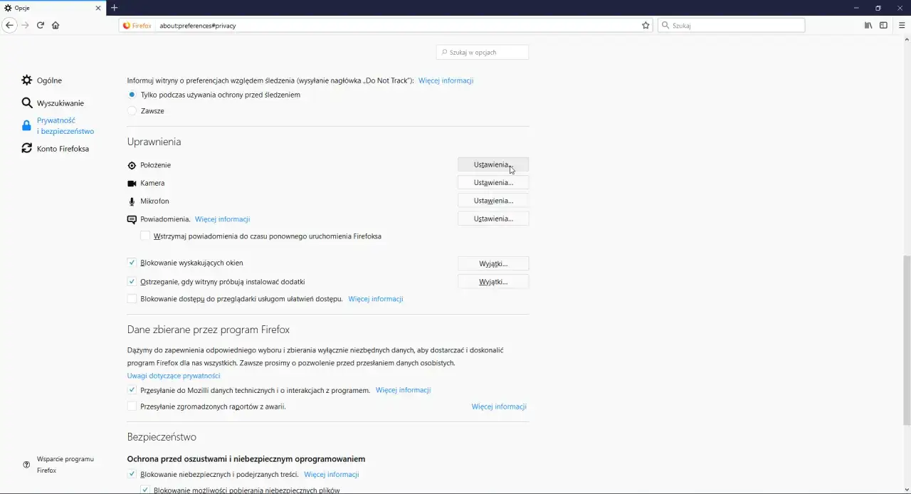 Ustawienia przeglądarki Firefox. Sekcja "Uprawnienia" pokazuje opcje dotyczące lokalizacji, kamery i mikrofonu. Kliknij "Ustawienia..." obok "Położenie", aby dowiedzieć się, jak włączyć sprawdzanie lokalizacji w przeglądarce.