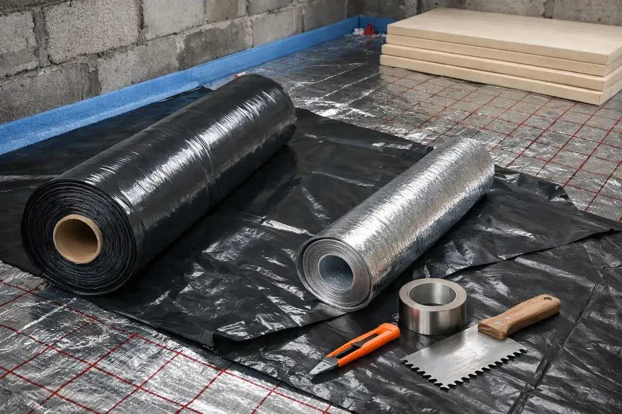 Dwie rolki folii, czarna i srebrna, gotowe do ułożenia jako jaka folia pod wylewkę. Obok nożyk i kielnia.