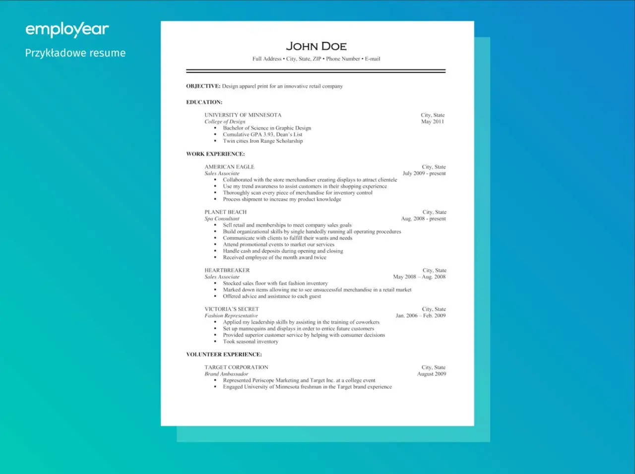 Przykładowe CV po angielsku z danymi kandydata i jego doświadczeniem zawodowym.