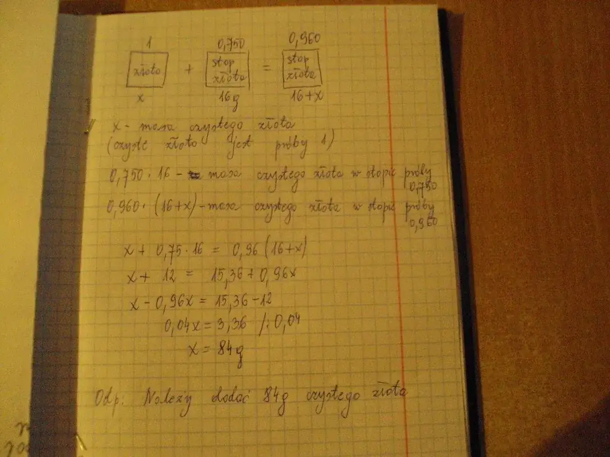 Ile trzeba wziąć gramów złota próby 960, aby uzyskać 200 gramów próby 750?