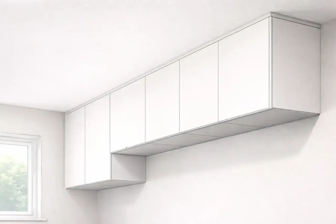 Białe szafki wiszące zamontowane na listwie, tworzące nowoczesną zabudowę. Pokazują, jak zamontować szafki na listwie montażowej.