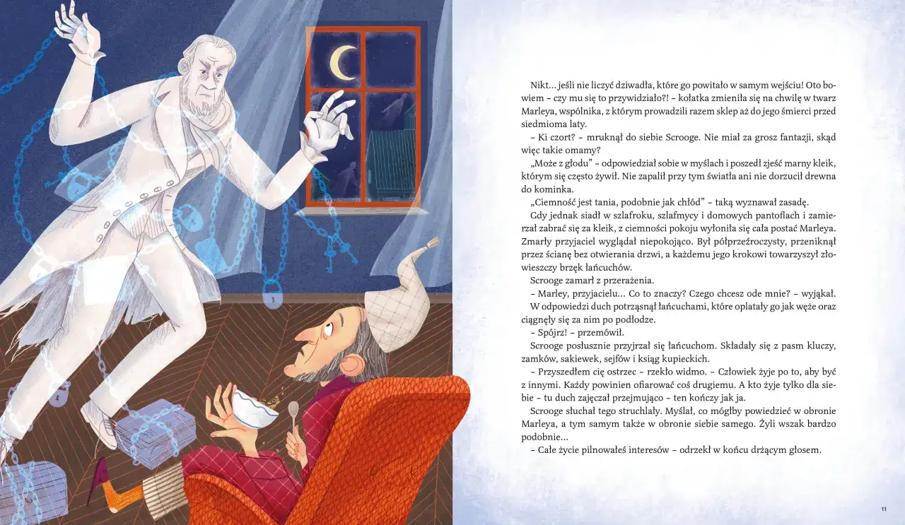 Duch Marleya, z łańcuchami, nawiedza Scrooge'a, autora opowieści wigilijnej.