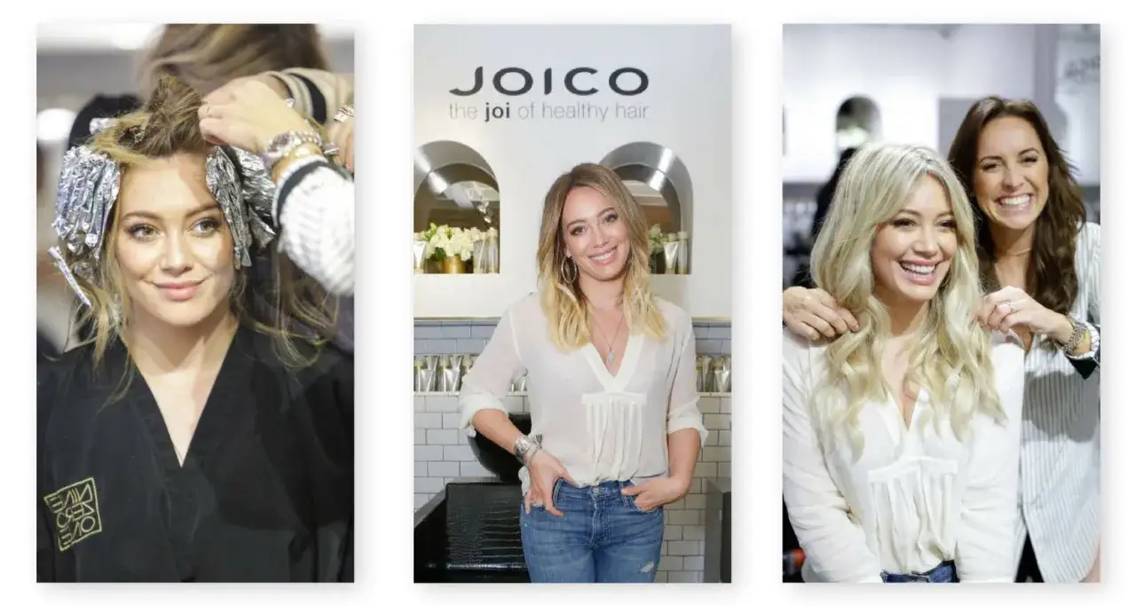 Hilary Duff przechodzi regenerację włosów u fryzjera. Włosy są zawinięte w folię, a potem widać ją z piękną fryzurą.