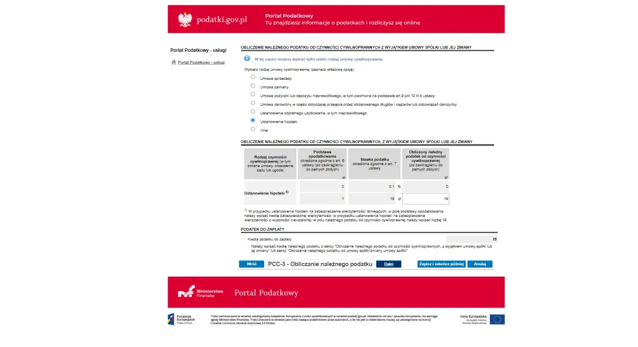 Formularz PCC-3 z zaznaczoną opcją "Ustanowienie hipoteki" i polami do wpisania kwot.