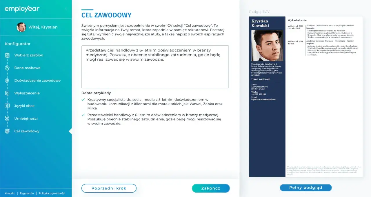 Fragment CV z sekcją "Cel zawodowy" i przykładami.