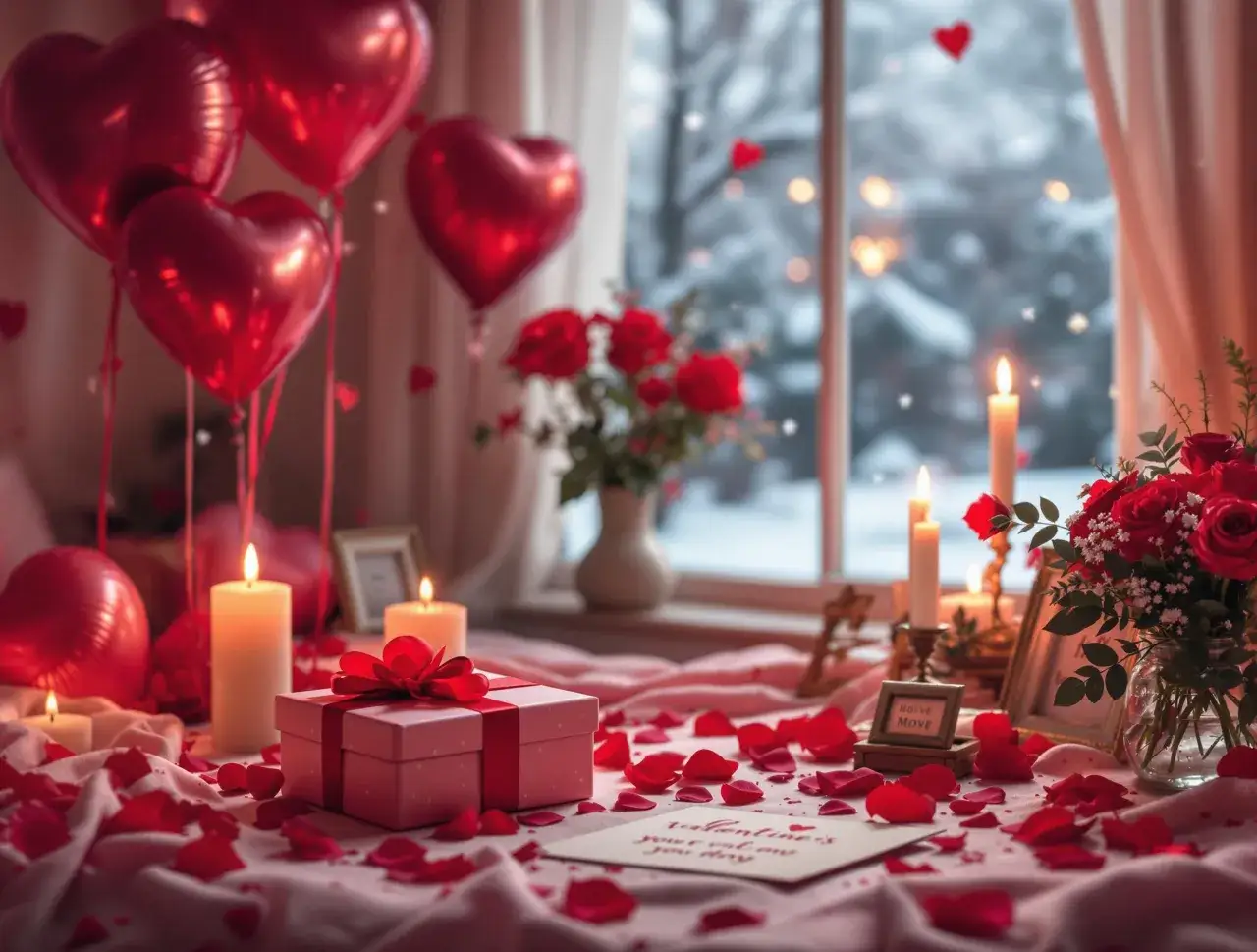 Walentynkowa aranżacja: czerwone balony w kształcie serc, róże, świece i prezent.