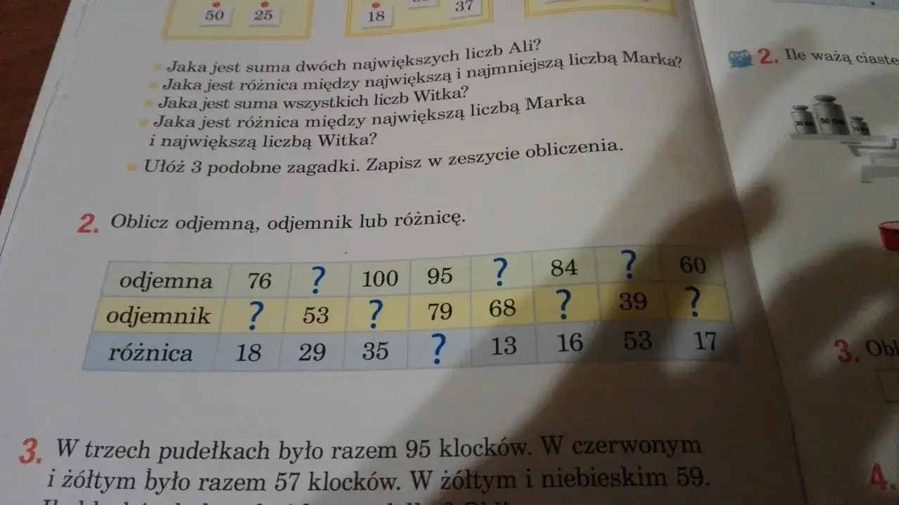 Tabela z liczbami i znakami zapytania, z nagłówkami "odjemna", "odjemnik", "różnica".