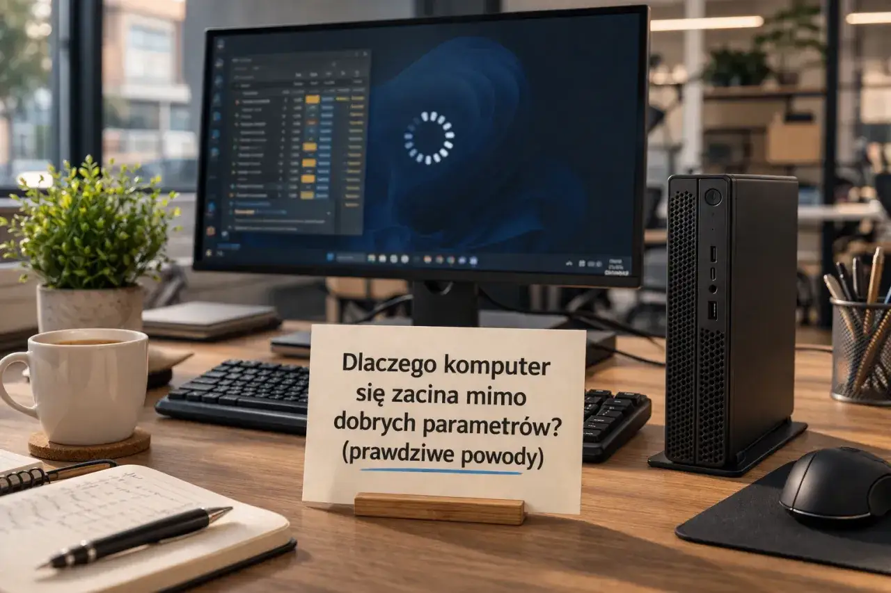 Biurko z komputerem, klawiaturą i myszką. Kartka z napisem "Dlaczego komputer się zacina mimo dobrych parametrów? (prawdziwe powody)" sugeruje, jak sprawdzić podzespoły komputera.