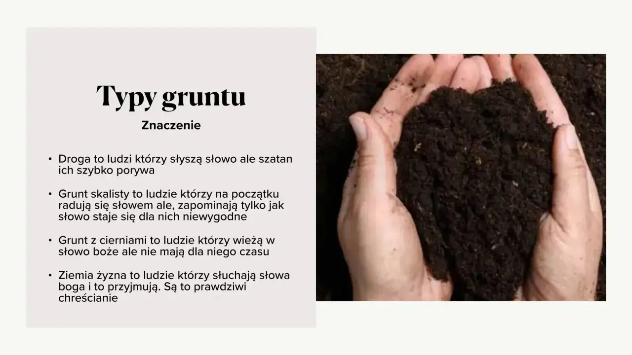 Przypowieść o siewcy streszczenie: różne typy gruntu symbolizują ludzi, którzy różnie przyjmują słowo Boże. Dłonie trzymają żyzną ziemię, symbol dobrych chrześcijan.