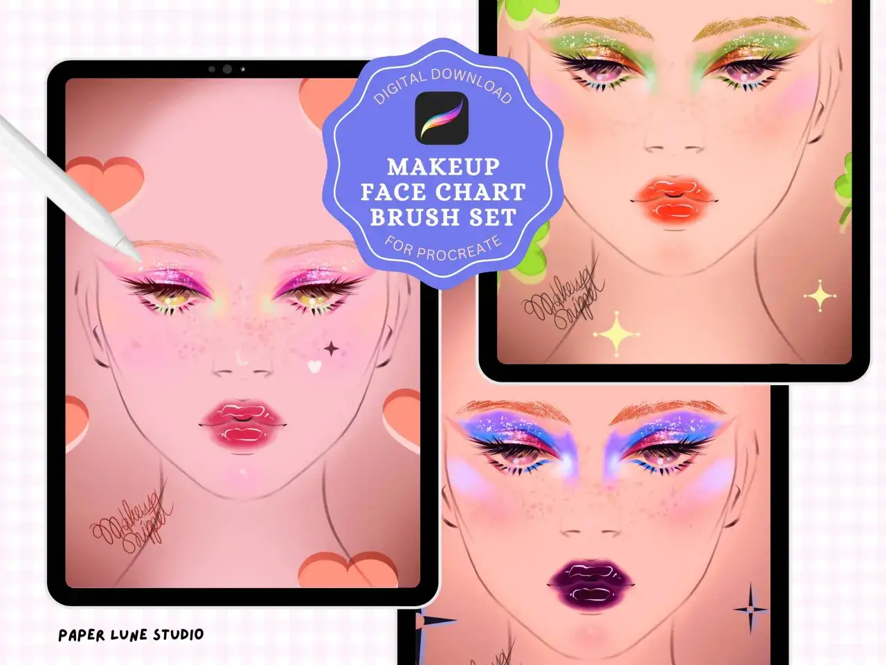 Face charty do Procreate z makijażem inspirowanym NYX. Różowe, zielone i fioletowe cienie do powiek, błyszczące usta.
