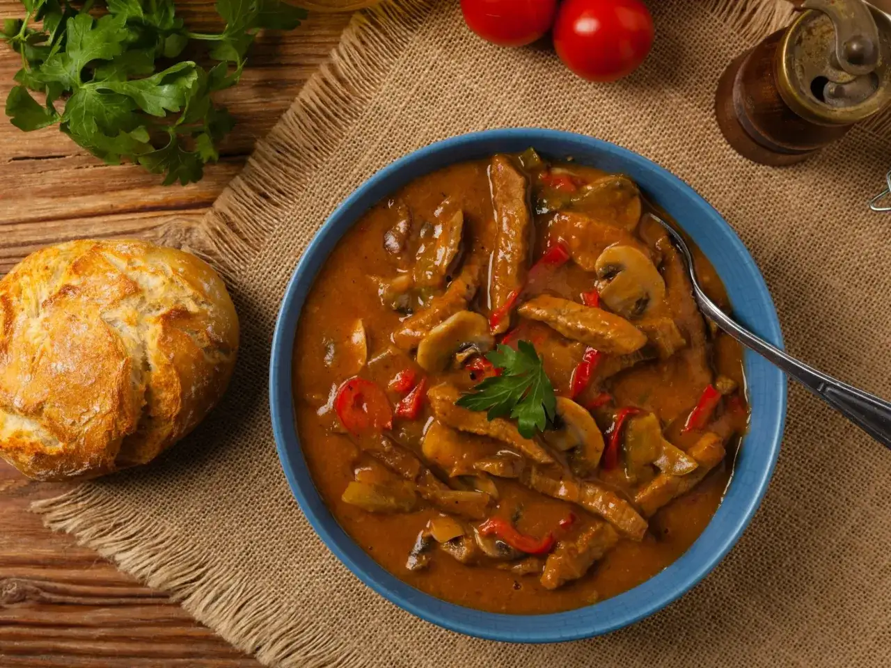 Strogonow wołowy z pieczarkami i papryką w niebieskiej misce, obok bułka i natka pietruszki.