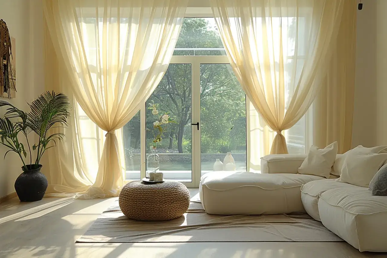 Jasne, zwiewne firanki w salonie upięte w elegancki sposób, tworzą przytulną atmosferę.