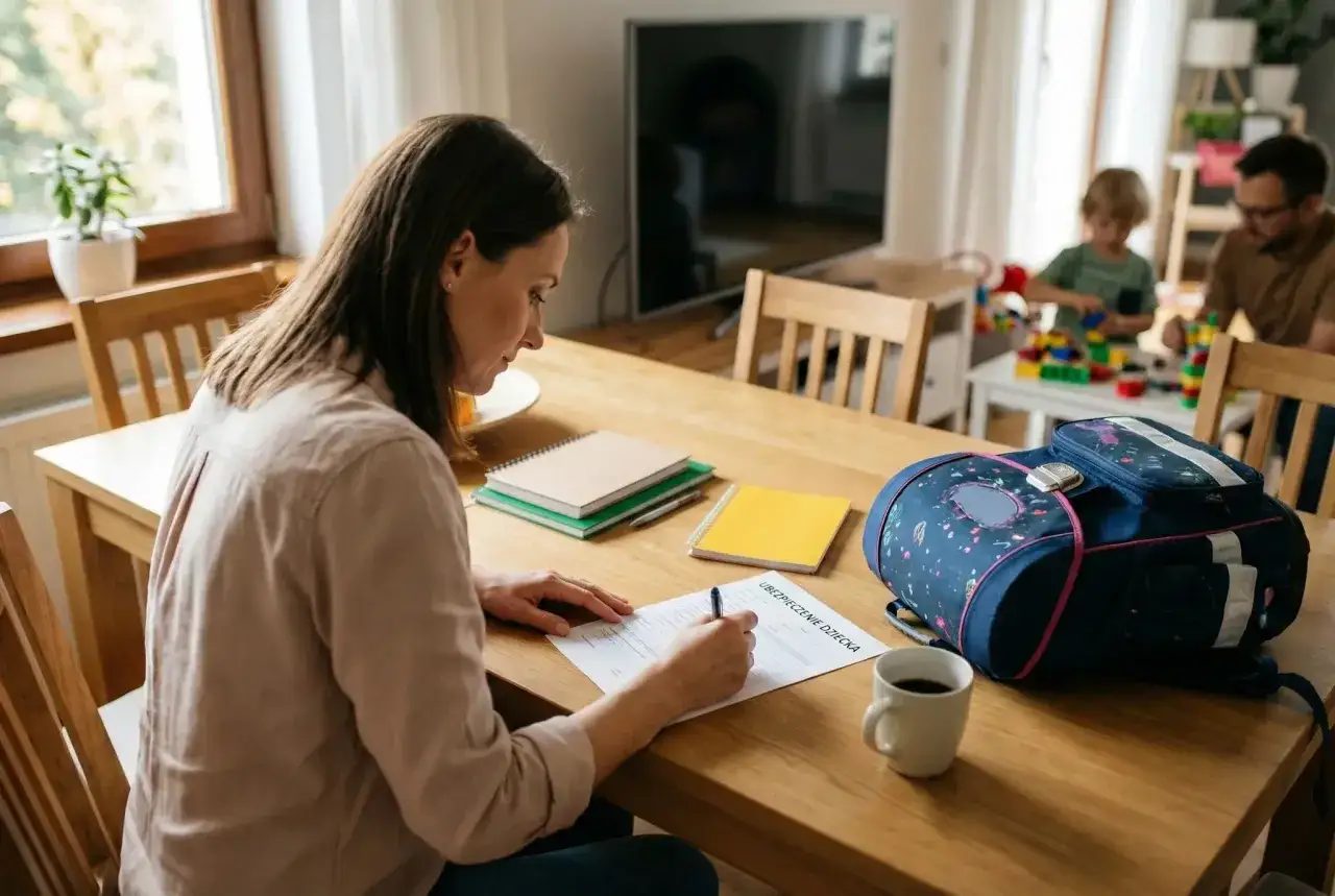 Kobieta wypełnia dokument na stole, obok plecak i kubek. W tle bawią się dzieci.