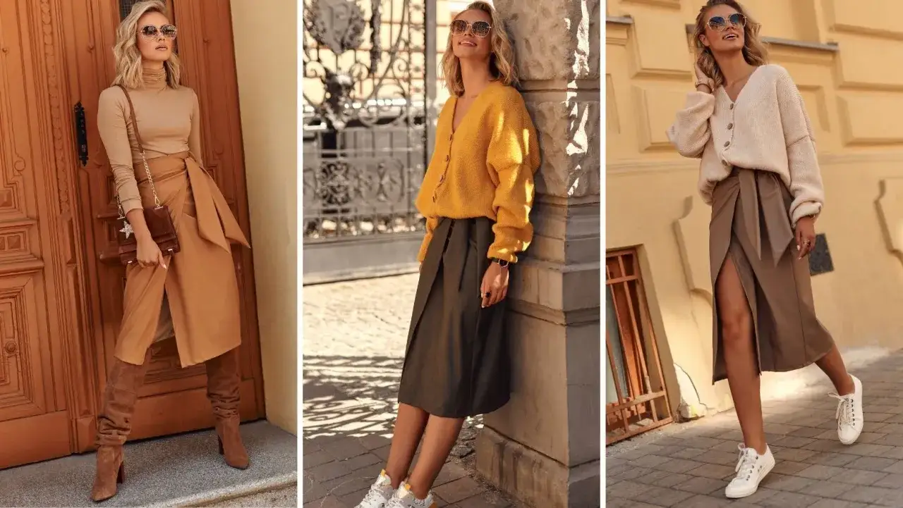Eleganckie spódnico-spodnie do kolan w odcieniach brązu i zieleni, zestawione z swetrami i botkami lub sneakersami.