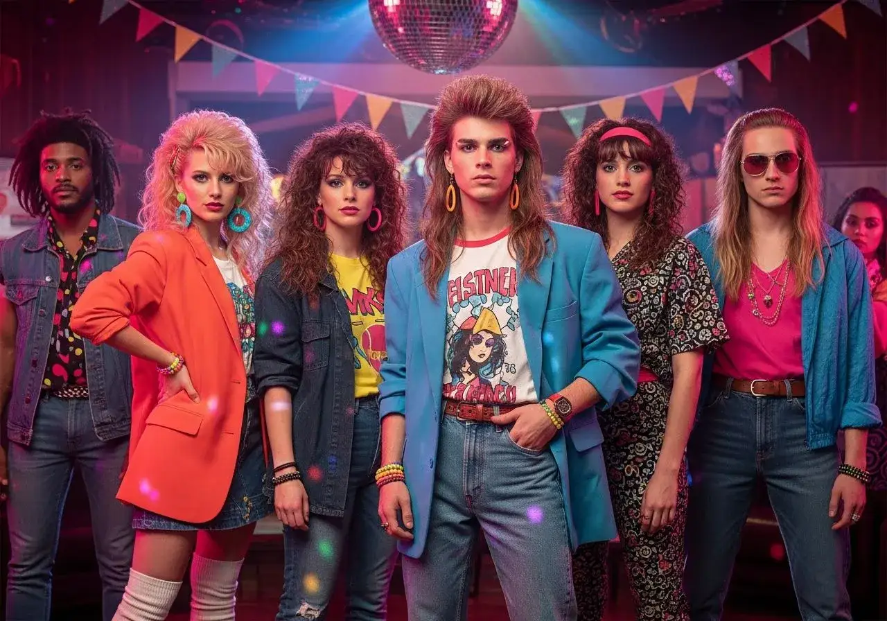 Grupa młodych ludzi w stylizacjach z lat 80. na tle dyskotekowej kuli i girland.