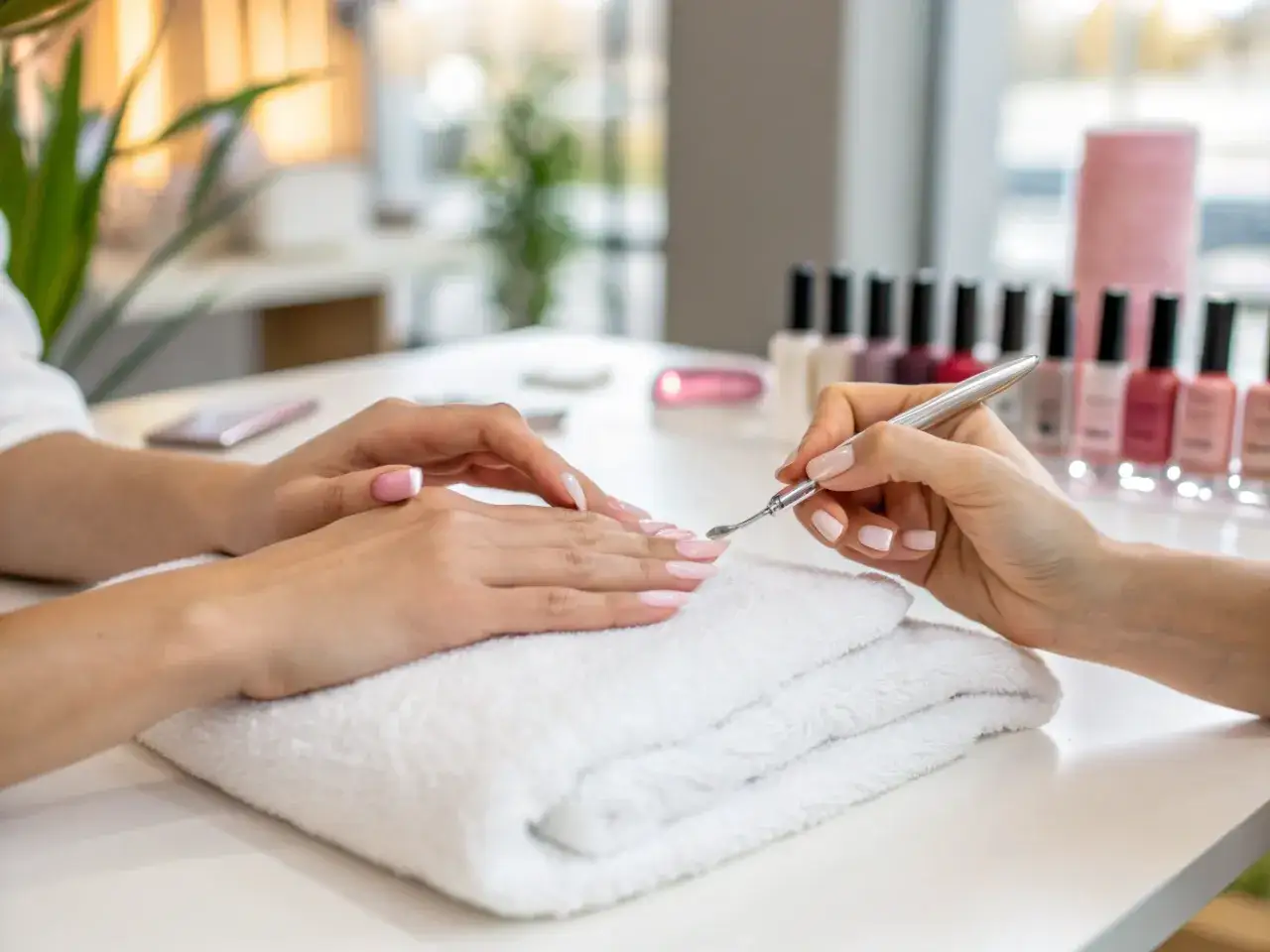 Dłonie podczas zabiegu manicure. Stylistka pielęgnuje paznokcie klientki, przygotowując je do malowania. W tle rząd lakierów.