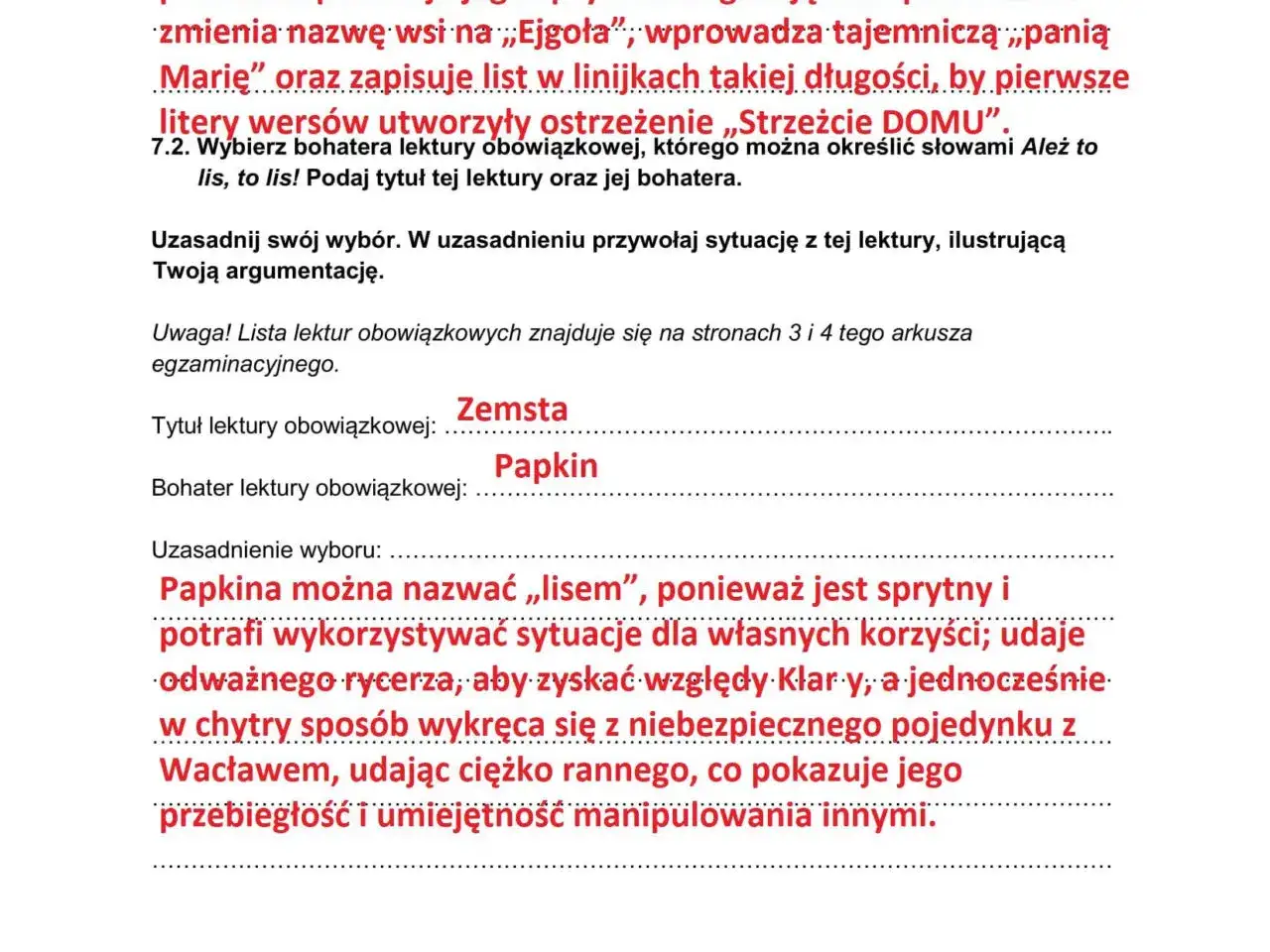 Fragment tekstu z polskiego egzaminu ósmoklasisty, zawierający pytania i odpowiedzi dotyczące lektur.