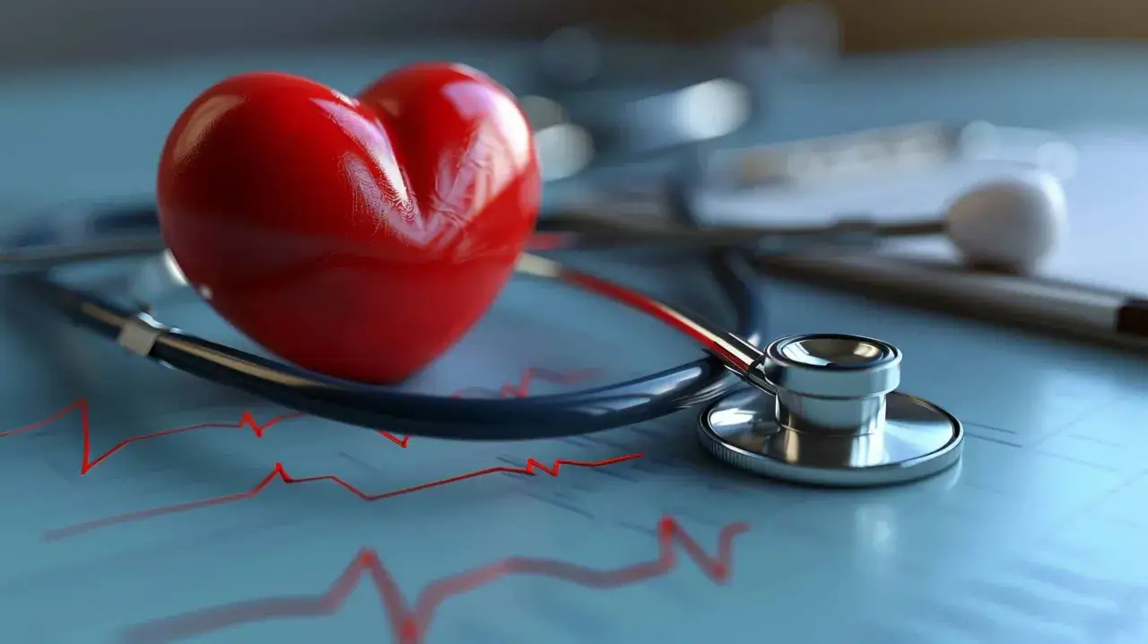 Czerwone serce, stetoskop i wykres EKG symbolizują zdrowie i prawidłowe tętno u dzieci.