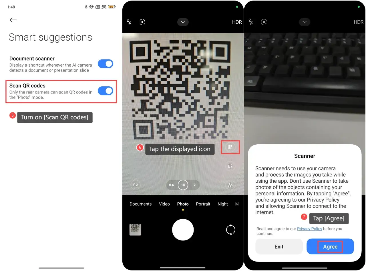 Ustawienia telefonu: włącz skanowanie kodów QR. Widok aparatu z kodem QR i klawiaturą.