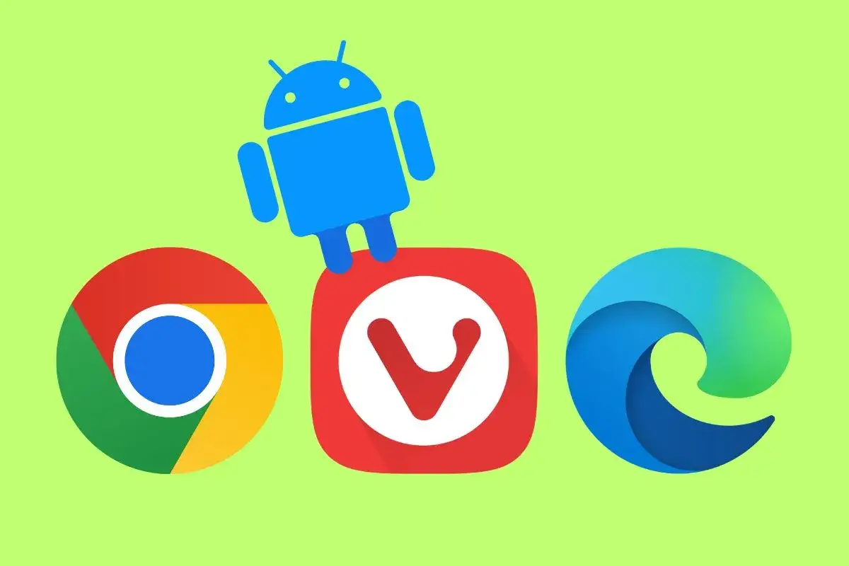 Android robot nad ikonami Chrome, Vivaldi i Edge. Jaka przeglądarka na Androida będzie najlepsza?