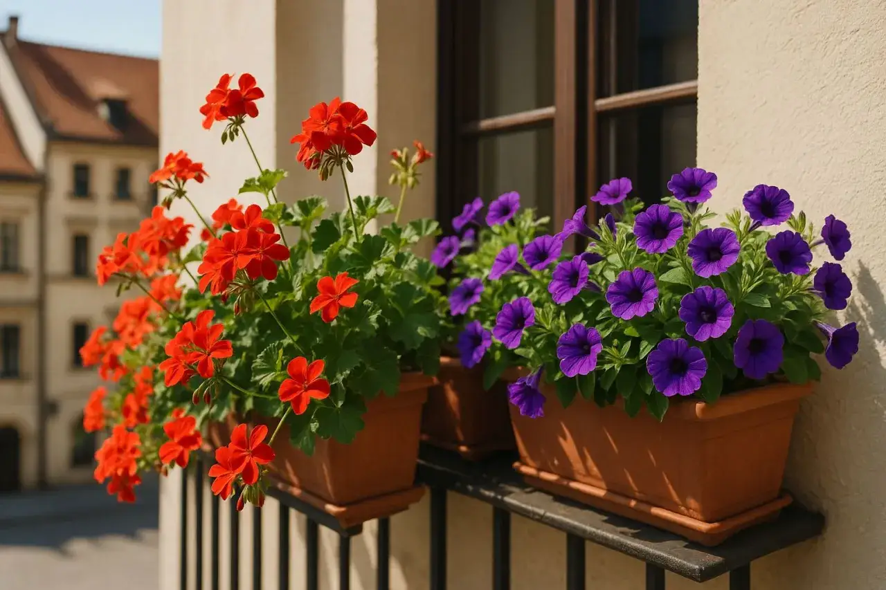 Jasne, oto propozycja:

Kwiaty na parapet zewnętrzny: czerwone pelargonie i fioletowe petunie tworzą barwną kompozycję, ozdabiając okno kamienicy.