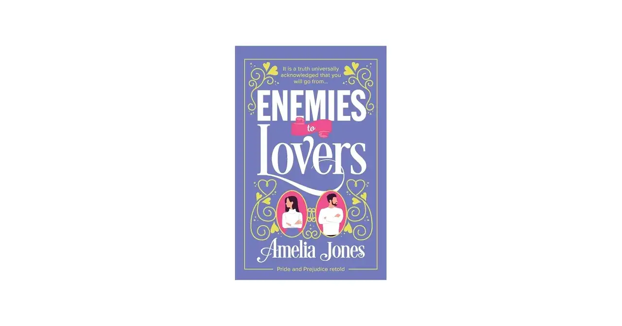 Okładka książki "Enemies to Lovers" Amelii Jones. Dwie postacie w medalionach, symbolizujące przemianę od wrogów do zakochanych.