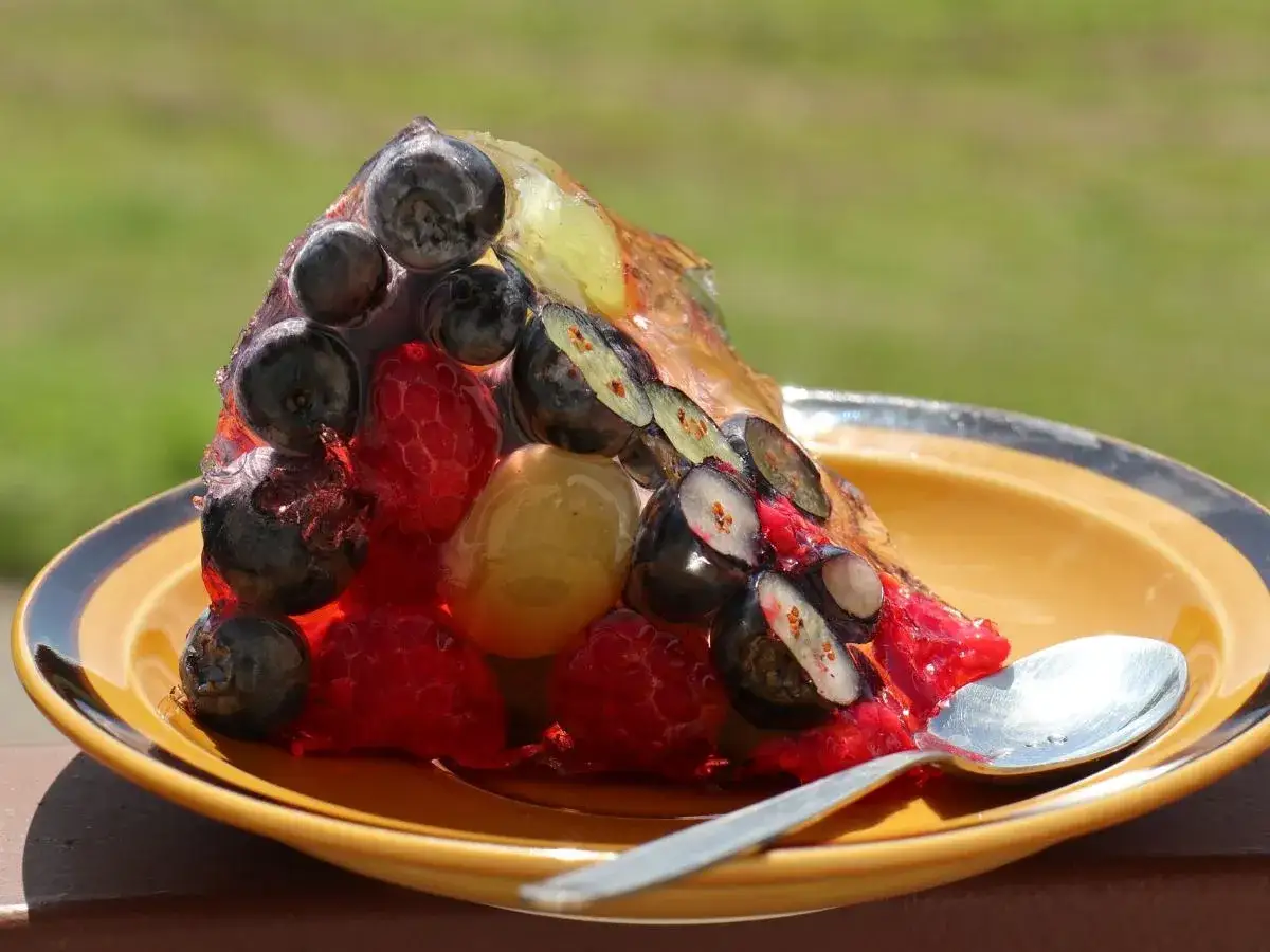 Kolorowa galaretka z owocami leśnymi i winogronami na talerzu. Idealna proporcja ile żelatyny na litr wywaru do galarety zapewnia jej sprężystość.