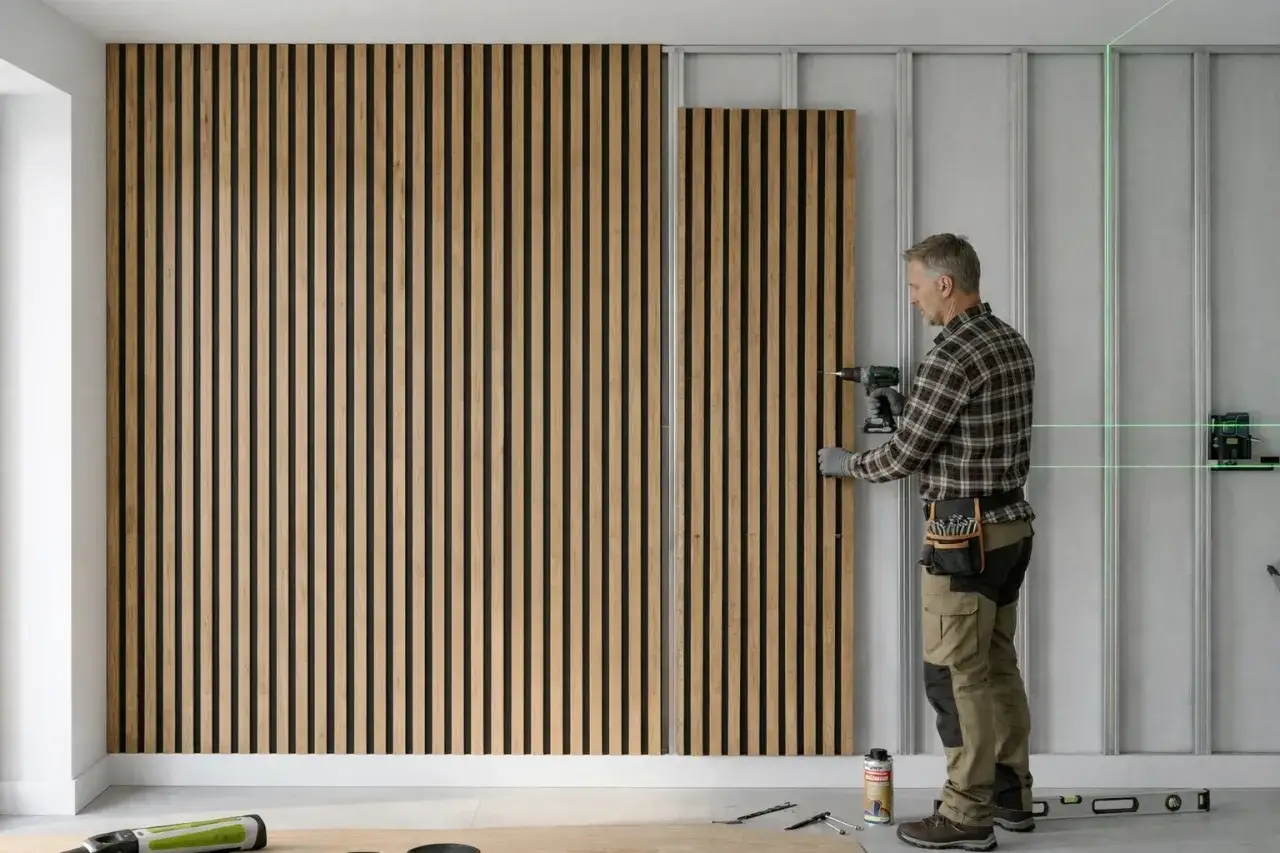 Mężczyzna montuje drewniane lamele na ścianie, używając wiertarki. Pokazuje, jak zrobić lamele krok po kroku.
