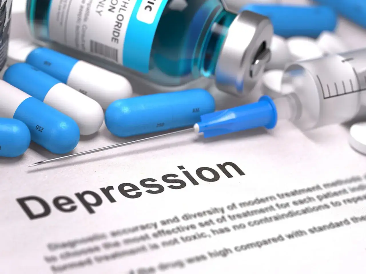 Leki na depresję: kapsułki, fiolka z płynem, strzykawka i tabletki na papierze z napisem "Depression".
