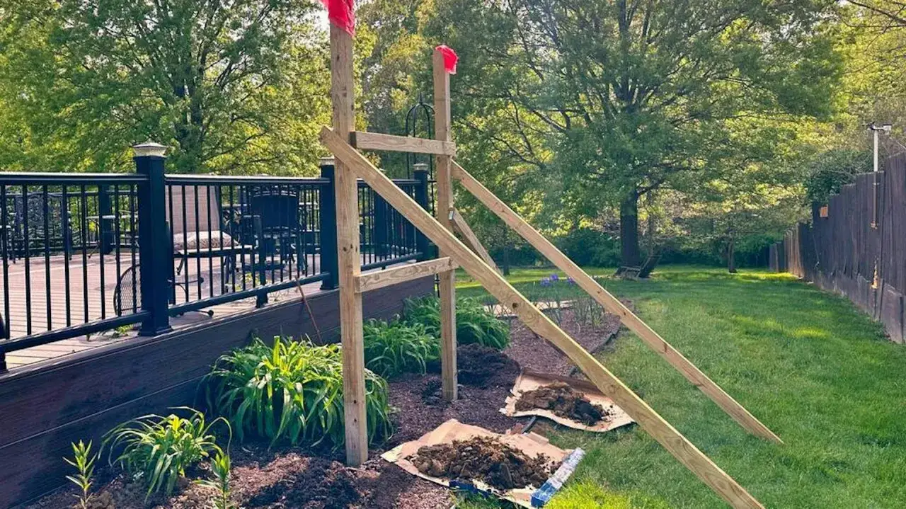 Drewniana konstrukcja pergoli w trakcie budowy, obok tarasu i ogrodu.