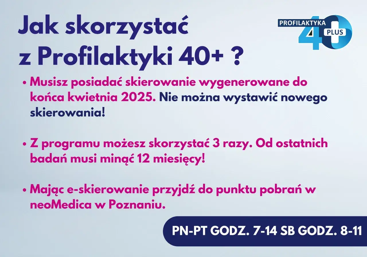 Grafika z tekstem "Jak skorzystać z Profilaktyki 40+?" i logo programu.