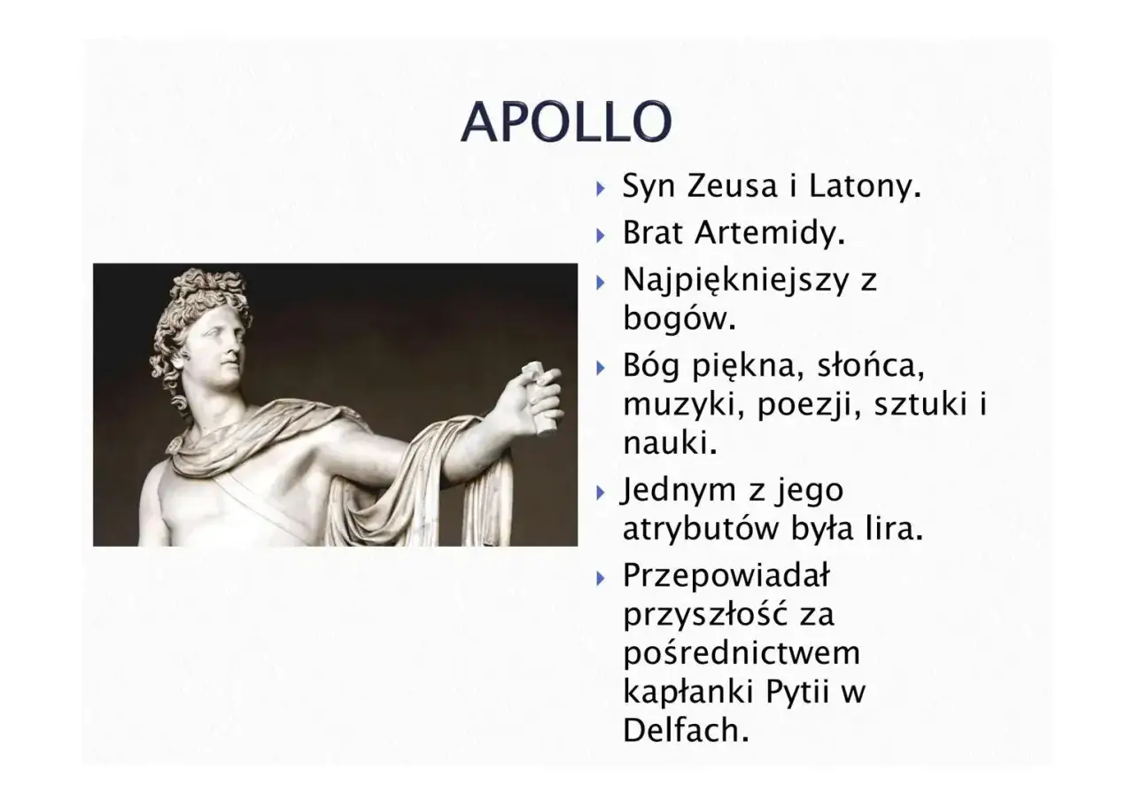 Posąg Apollina, boga piękna i słońca. Streszczenie bogów olimpijskich: syn Zeusa, brat Artemidy, bóg muzyki, poezji, sztuki i nauki.