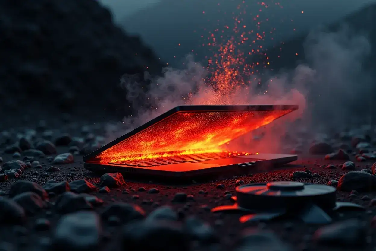 Laptop w ogniu, dym i iskry unoszą się w powietrze. To dramatyczne wizualne przedstawienie objawów przegrzania laptopa.