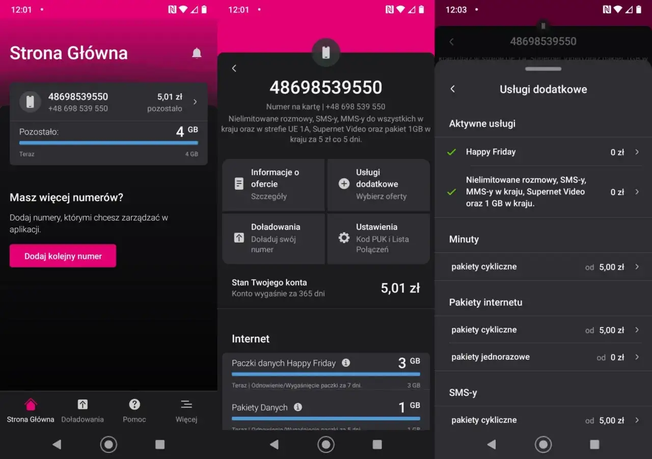 Stan konta T-Mobile: 5,01 zł, 4 GB internetu. Pakiet Happy Friday aktywny.