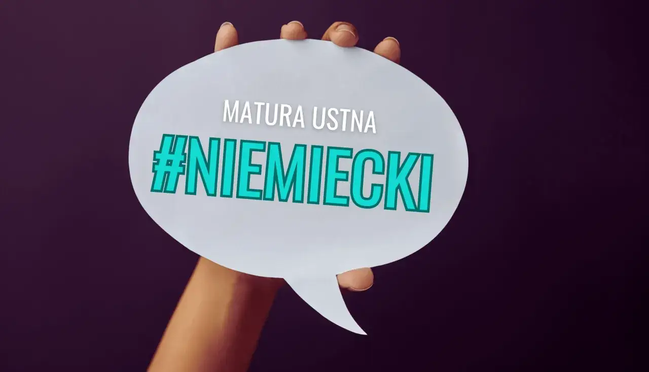 Dłoń trzyma białą chmurkę z napisem "MATURA USTNA #NIEMIECKI".