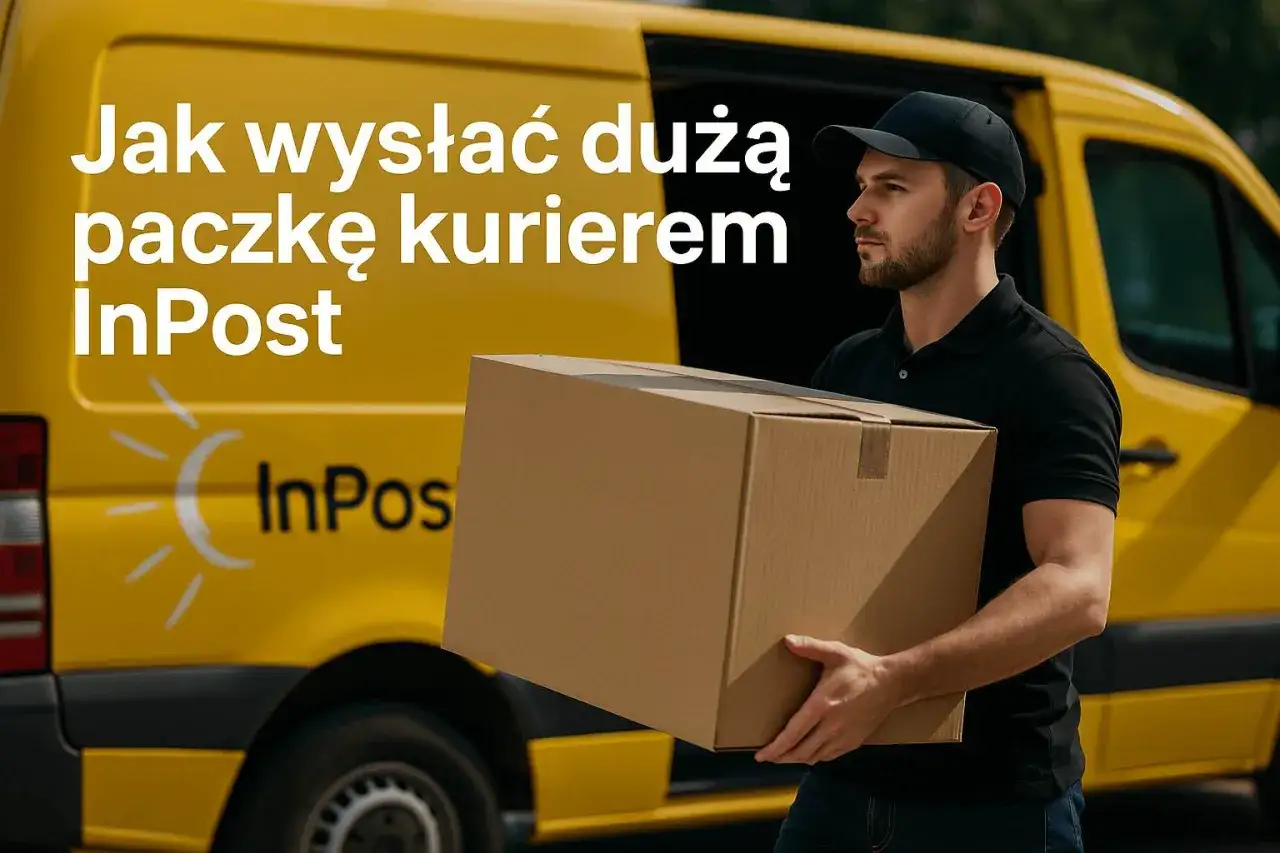 Kurier w czarnej koszulce niesie dużą paczkę przed żółtym vanem InPost.
