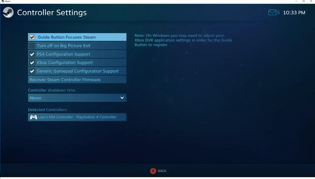Ustawienia kontrolera Steam: zaznaczone opcje wsparcia dla kontrolerów PS4, Xbox i generycznych.