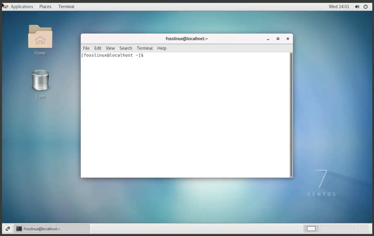 Pulpit z ikonami Home i Trash, otwarty terminal na tle tapety z logo CentOS 7.