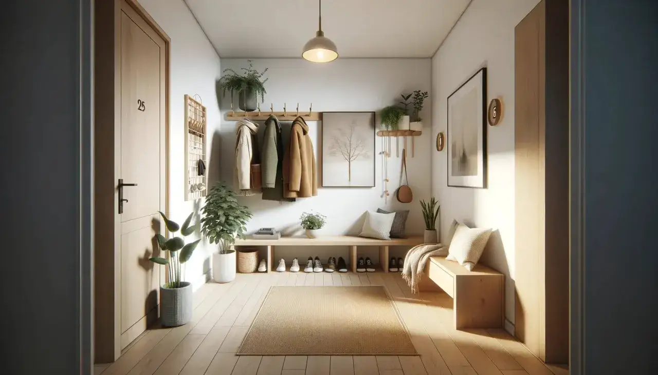 Minimalistyczna przedpokój z wieszakami i ławką, inspirowany stylem skandynawskich firm odzieżowych.