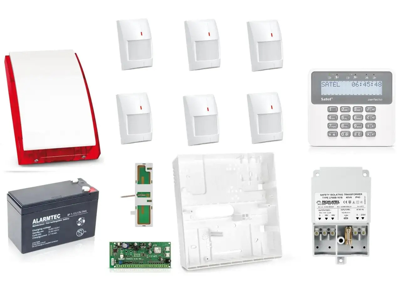Zestaw alarmowy Satel: czujki ruchu, centrala, sygnalizator, akumulator i transformator.