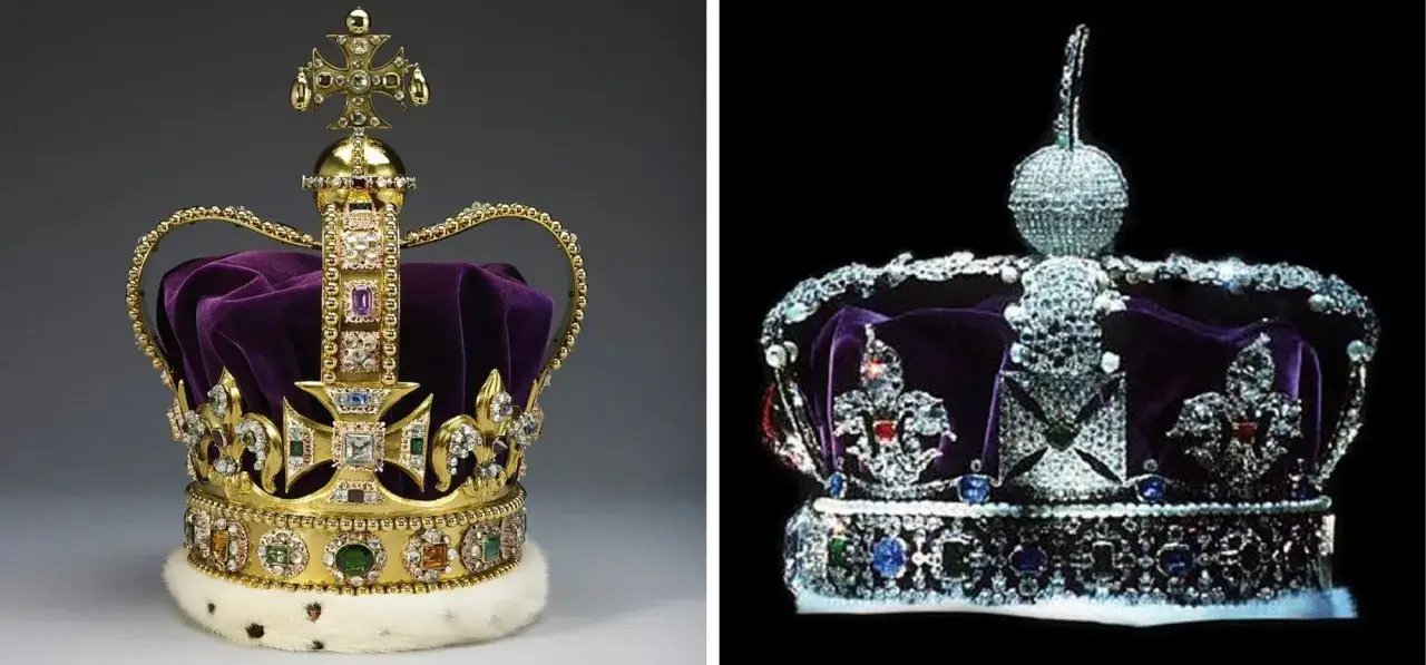 Dwie korony królewskie, jedna złota z purpurowym aksamitem i krzyżem, druga bogato zdobiona diamentami. Obie symbolizują władzę, jak korona królowej Anglii.